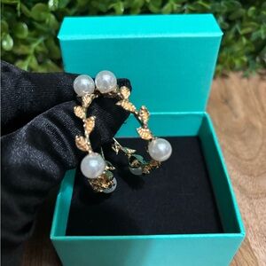 Gold and Pearl New w/box Hoop Earrings